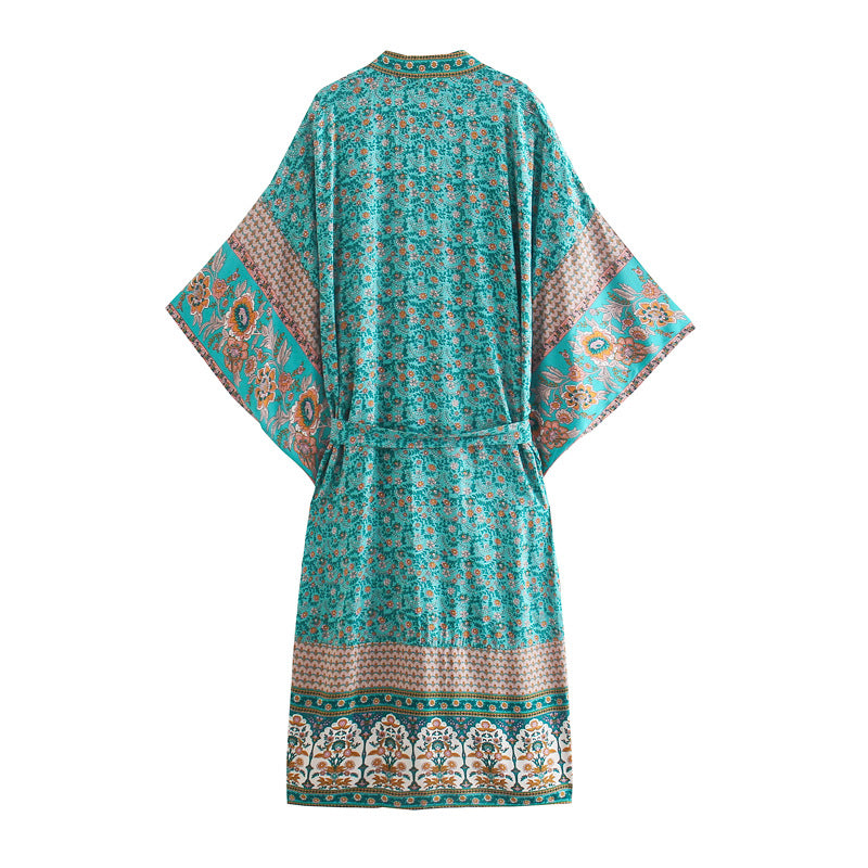 Turquoise Floral Belted Kimono Robe
