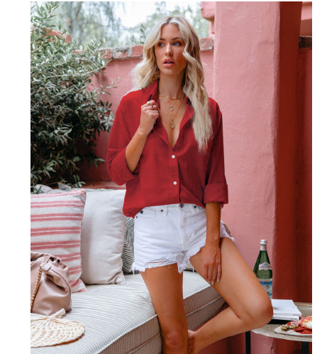 Faye Button Lapel Blouse — Red