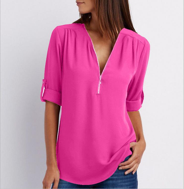 Harlow Zip V-Neck Top — Rose red