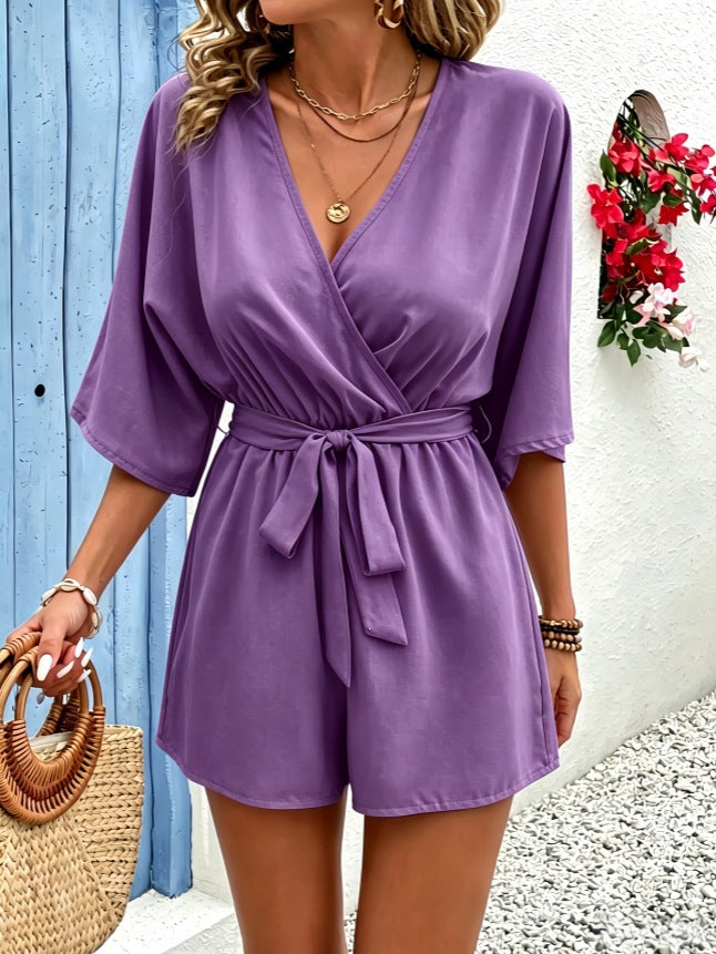 V-Neck Linen Wide-Leg Jumpsuit — Purple