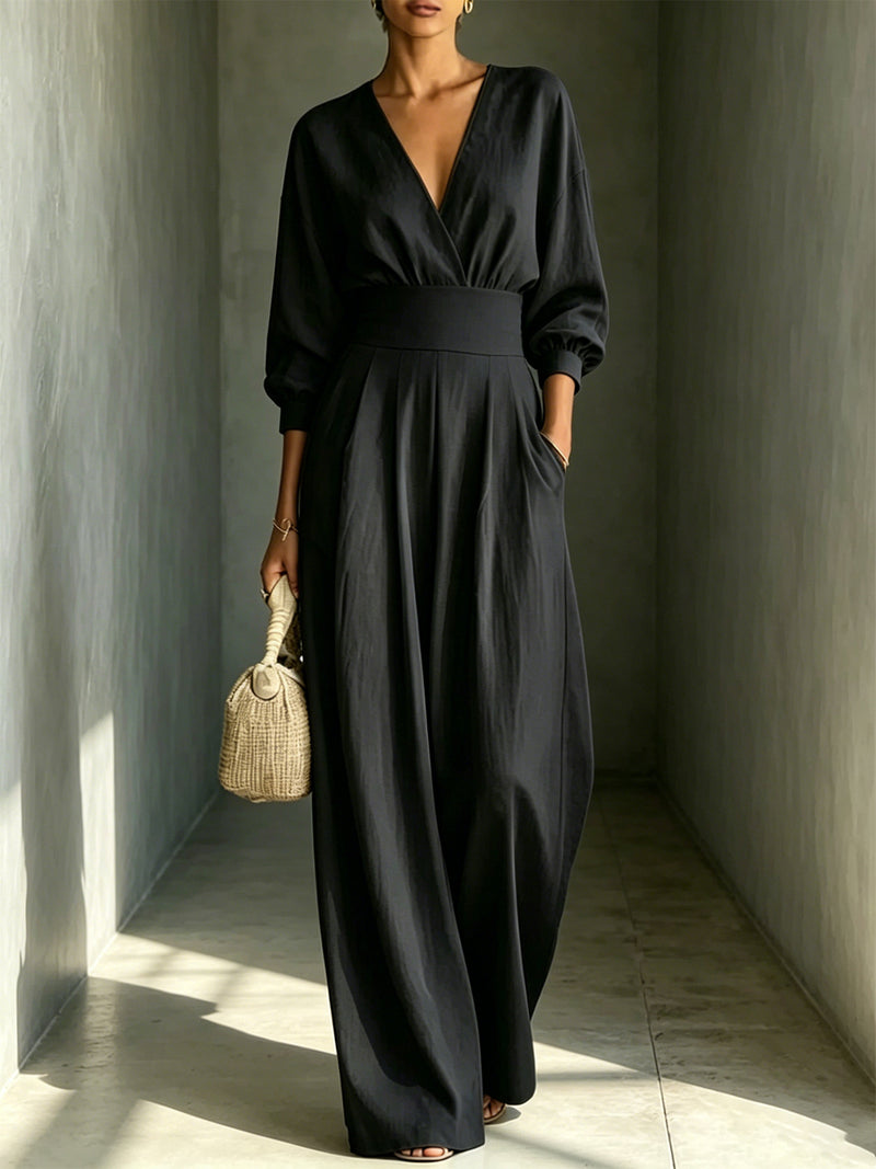 Fitted-waist V-neck Long-sleeve Womens Solid-c 6