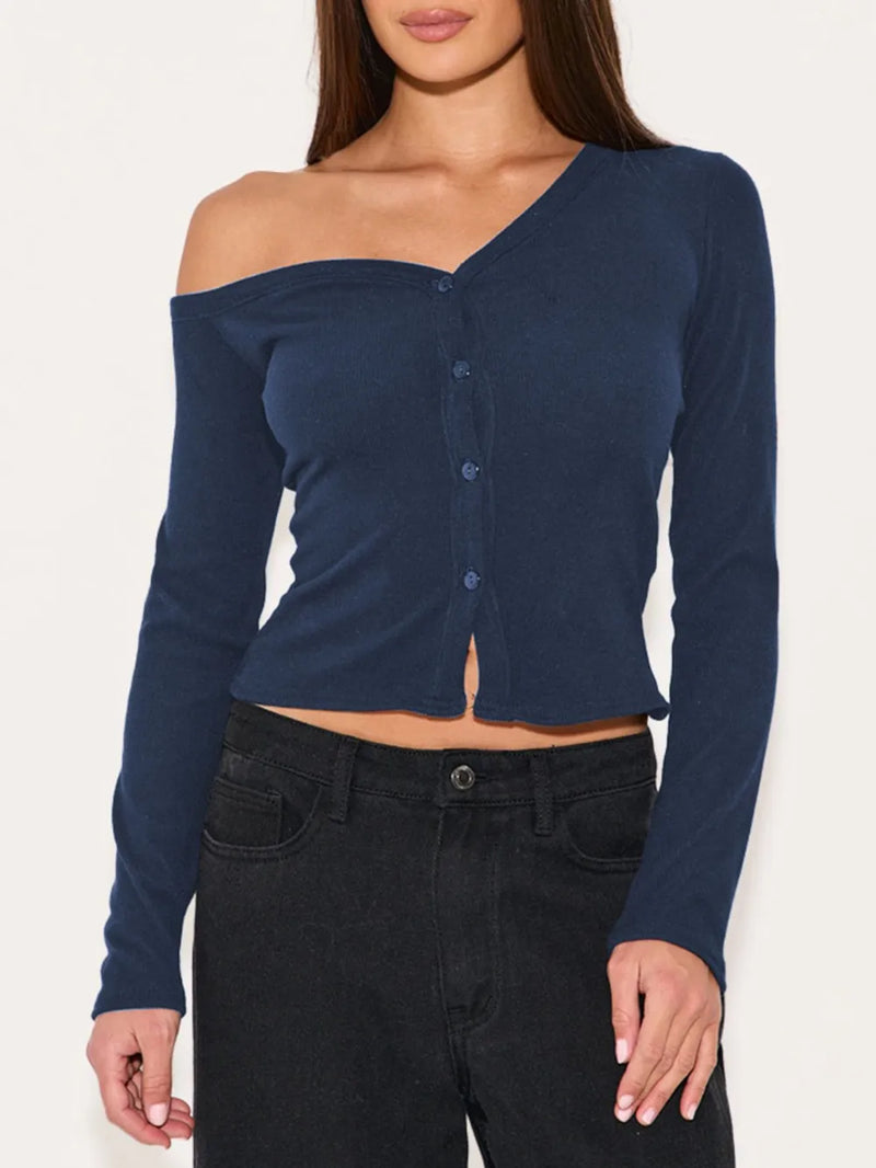 Asymmetrical Neck Button Up Cardigan | Hazel & June Navy