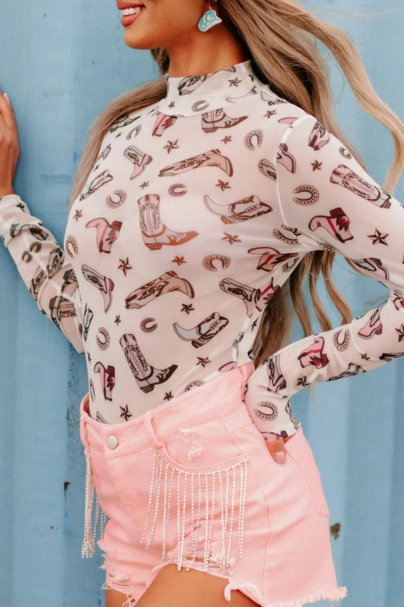 Printed Mock Neck Long Sleeve Bodysuit 5