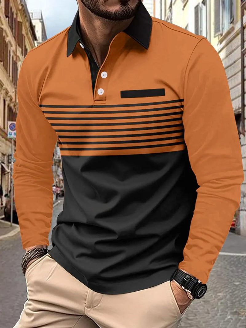 Men's Full Size Collared Neck Long Sleeve Striped Polo Plus Size 5