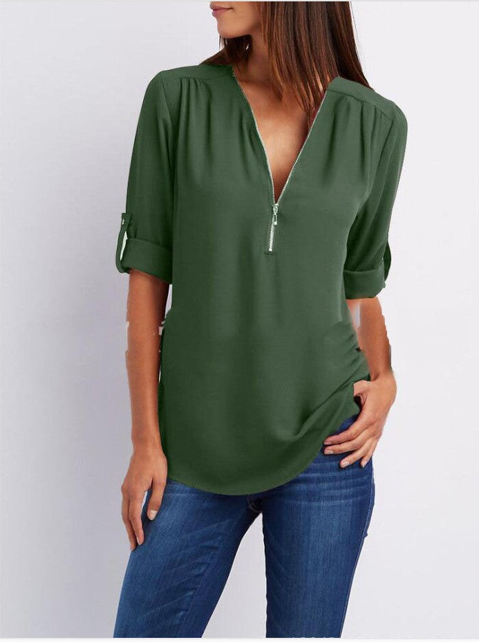 Harlow Zip V-Neck Top — Army green