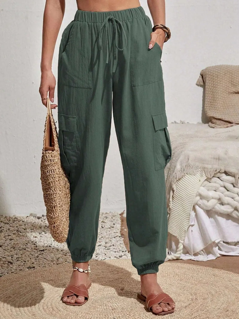 Drawstring Joggers with Cargo Pockets | Hazel & June Dark Green