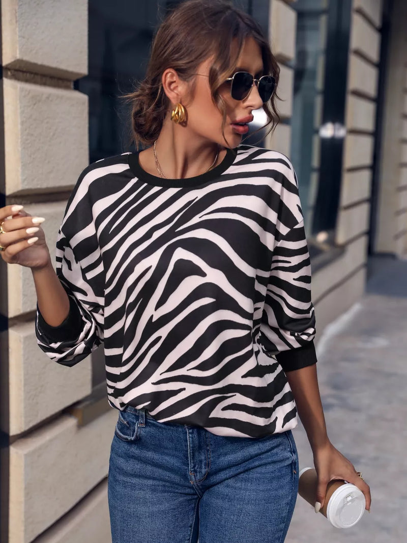 Zebra Print Round Neck Casual Sweatshirt 4