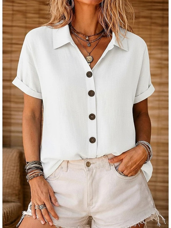 Rust Linen Button-Up Blouse — White