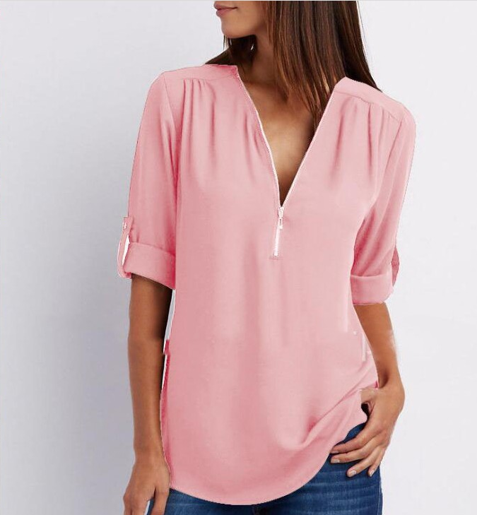 Harlow Zip V-Neck Top — Pink