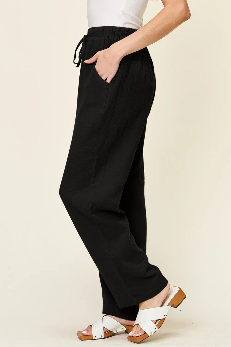 Double Take Full Size Texture Drawstring Straight Pants 3