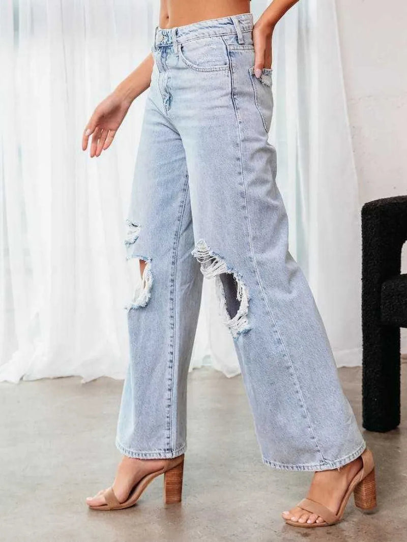 Distressed Wide Leg Jeans with Pockets 3