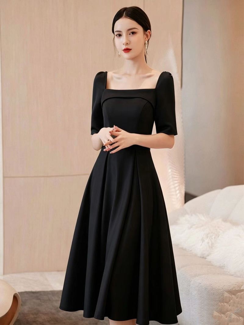 Oliva Square-Neck A-Line Midi Dress — Black