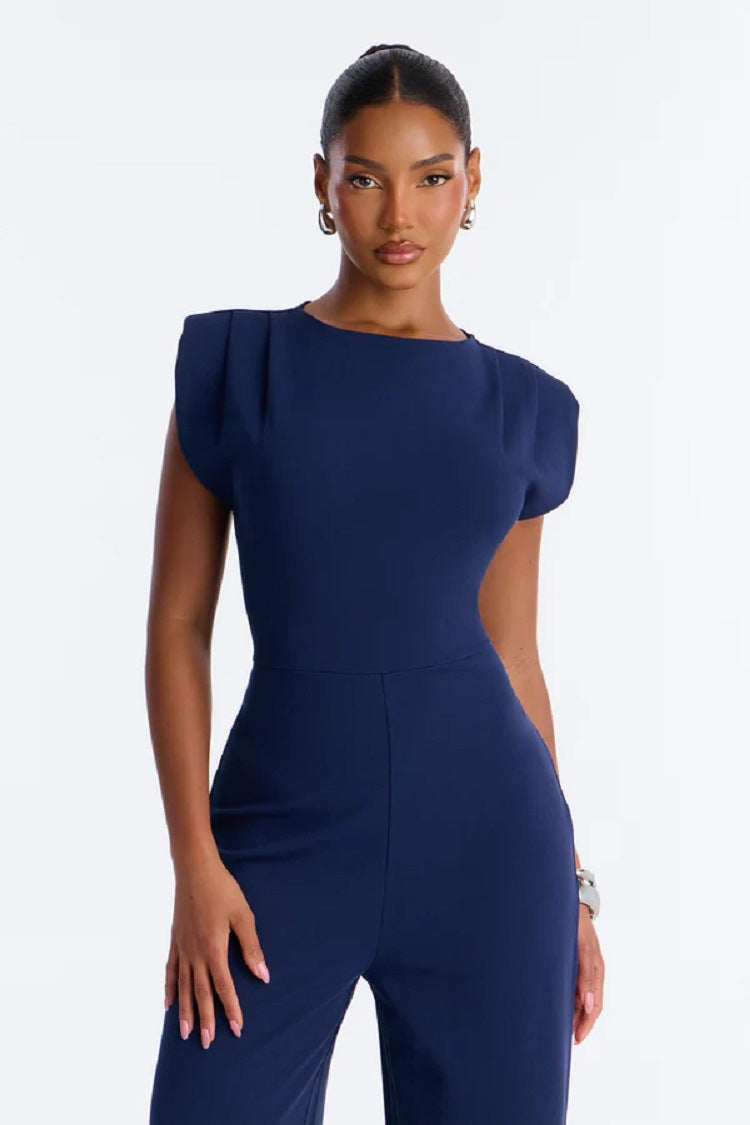 Saffron Tie-Waist Wide-Leg Jumpsuit — Dark Blue