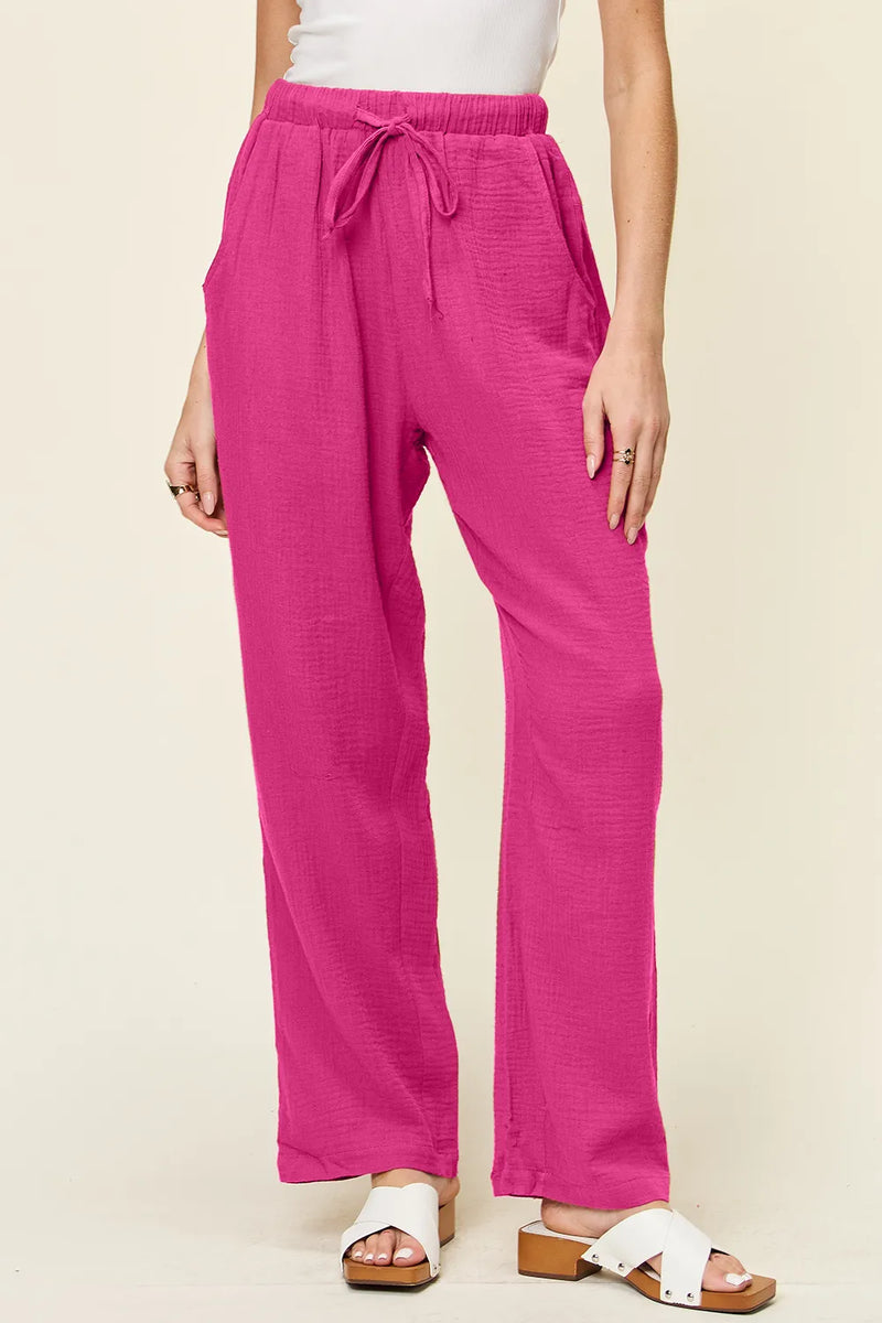 Double Take Full Size Texture Drawstring Straight Pants 5