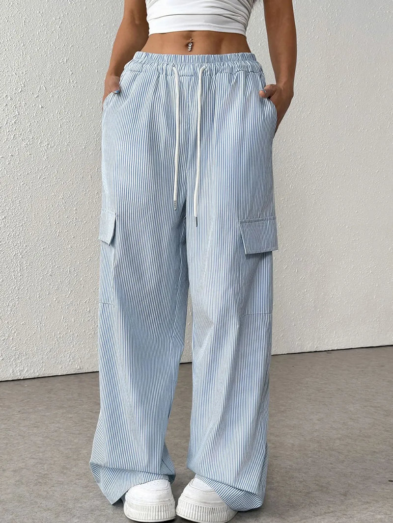 Drawstring Striped Wide Leg Cargo Pants 2