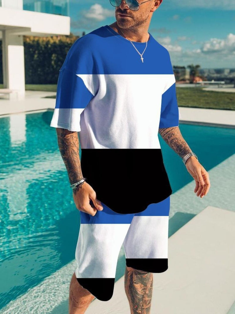 Men's Full Size Color Block Tee and Shorts Set Plus Size | Hazel & June Royal Blue