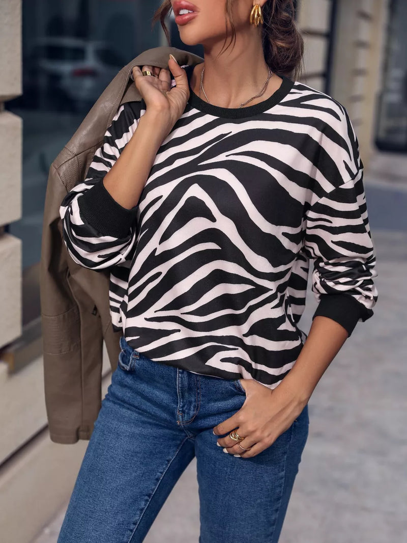 Zebra Print Round Neck Casual Sweatshirt | Hazel & June White