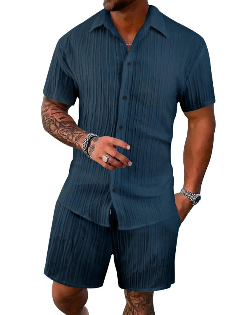 Men's Full Size Button Down Short Sleeve Shirt and Shorts Set Plus Size 5