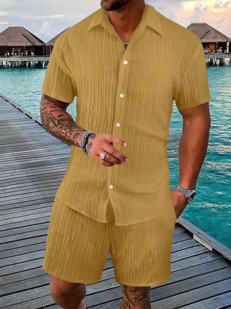 Men's Full Size Button Down Short Sleeve Shirt and Shorts Set Plus Size | Hazel & June Gold