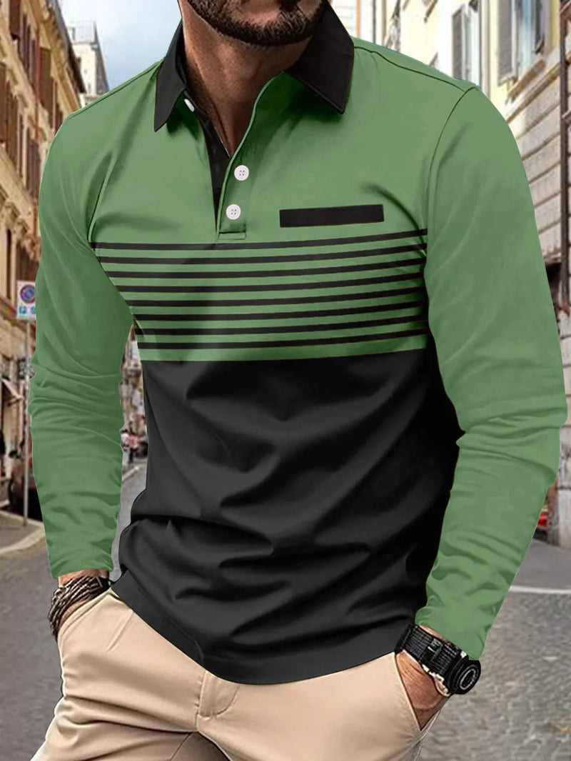 Men's Full Size Collared Neck Long Sleeve Striped Polo Plus Size | Hazel & June Green