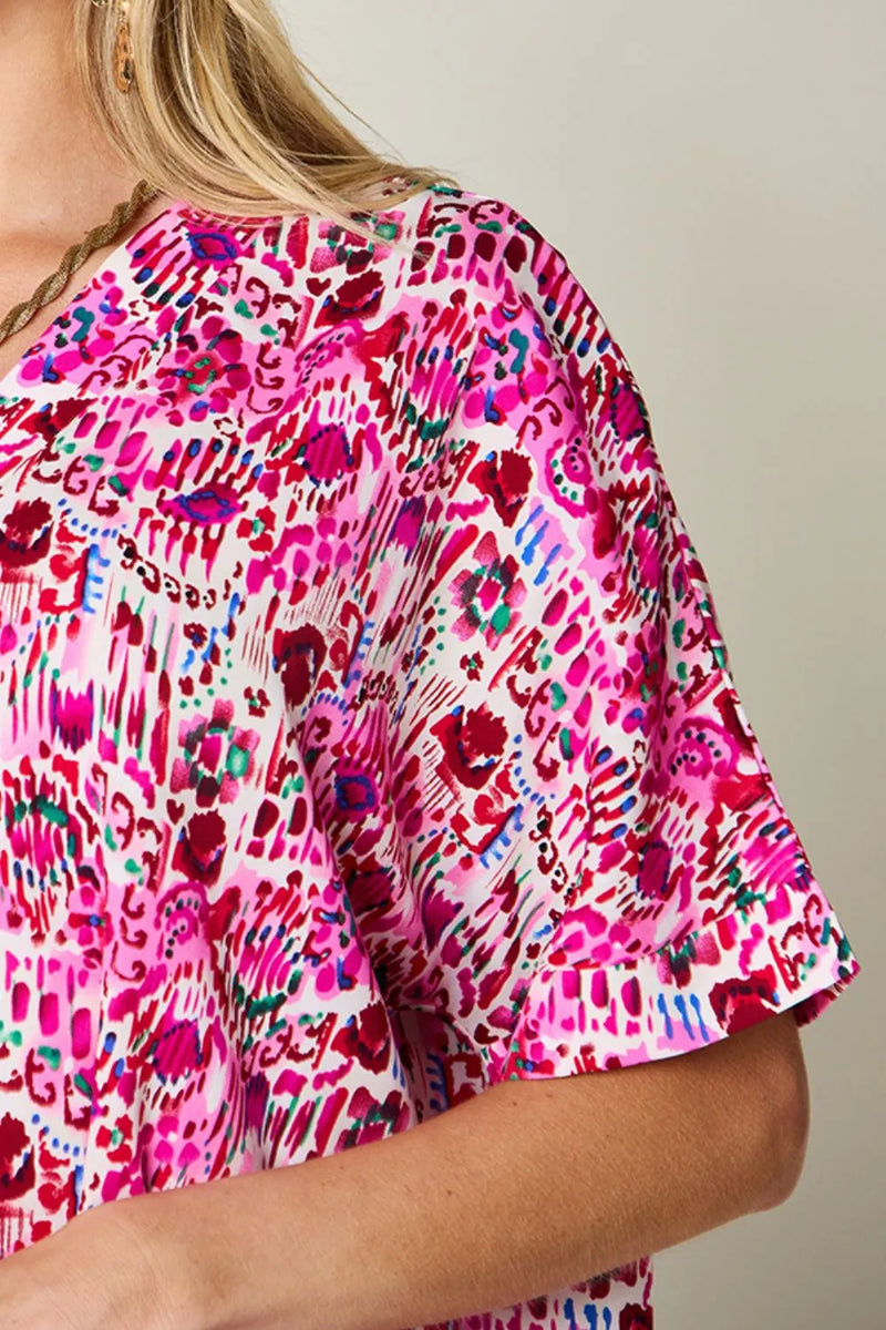 Double Take Full Size Printed V-Neck Short Sleeve Blouse 7