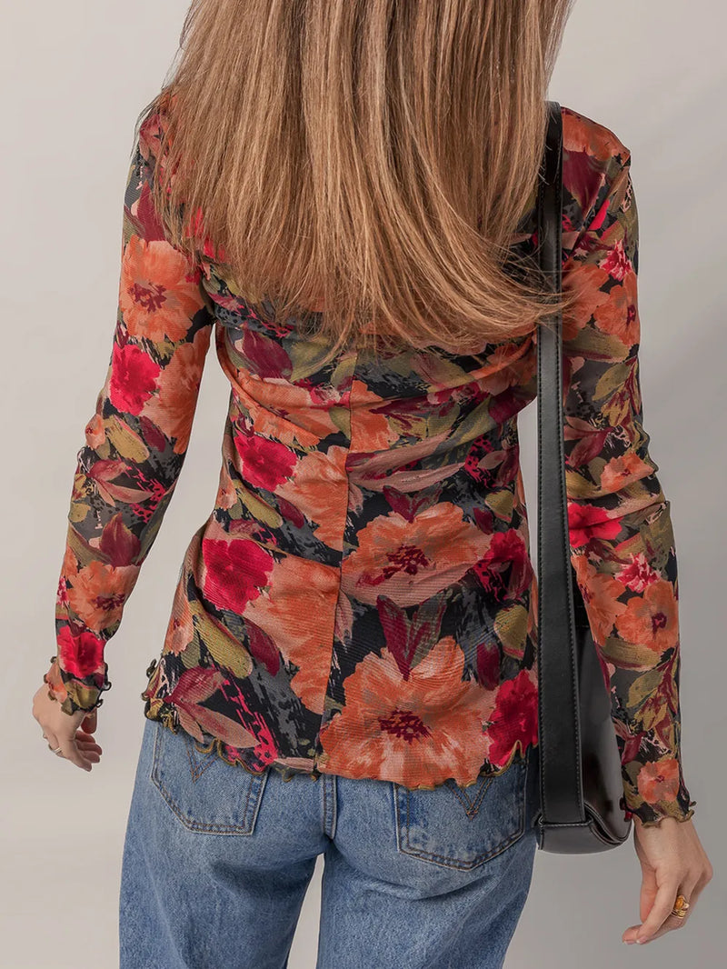 Multicolour Floral Print Lettuce Trim Long Sleeve Mesh Top 3