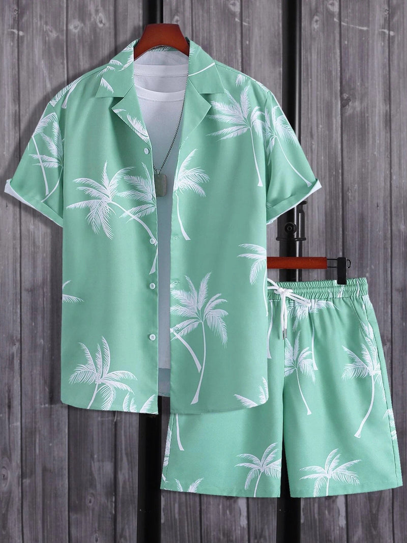 Men's Full Size Palm Print Button Up Shirt and Shorts Set Plus Size | Hazel & June Gum Leaf