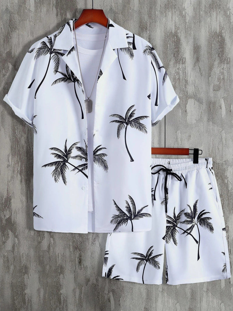 Men's Full Size Palm Print Button Up Shirt and Shorts Set Plus Size | Hazel & June White