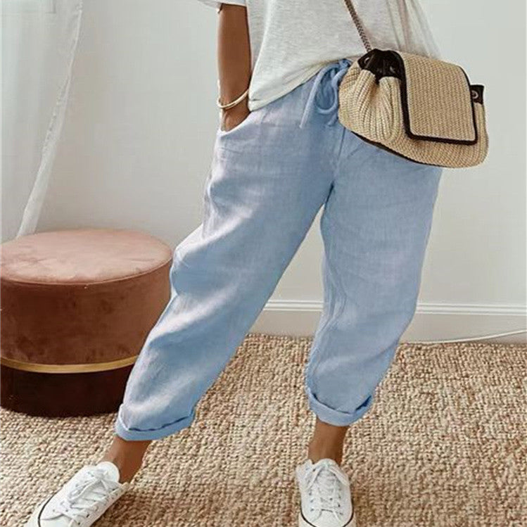 Nora Cotton Linen Pants — Sky Blue