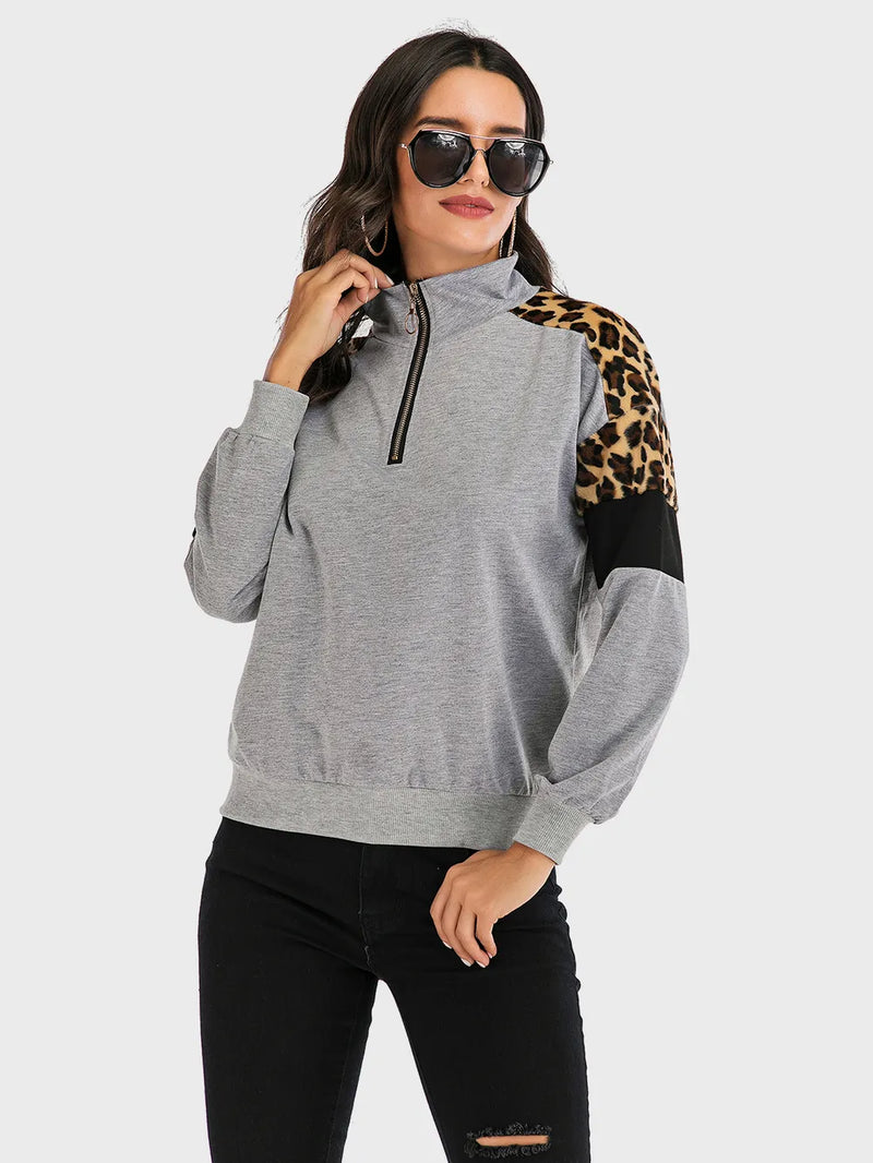 Perfee Contrast Leopard Half Zip Long Sleeve Sweatshirt 1