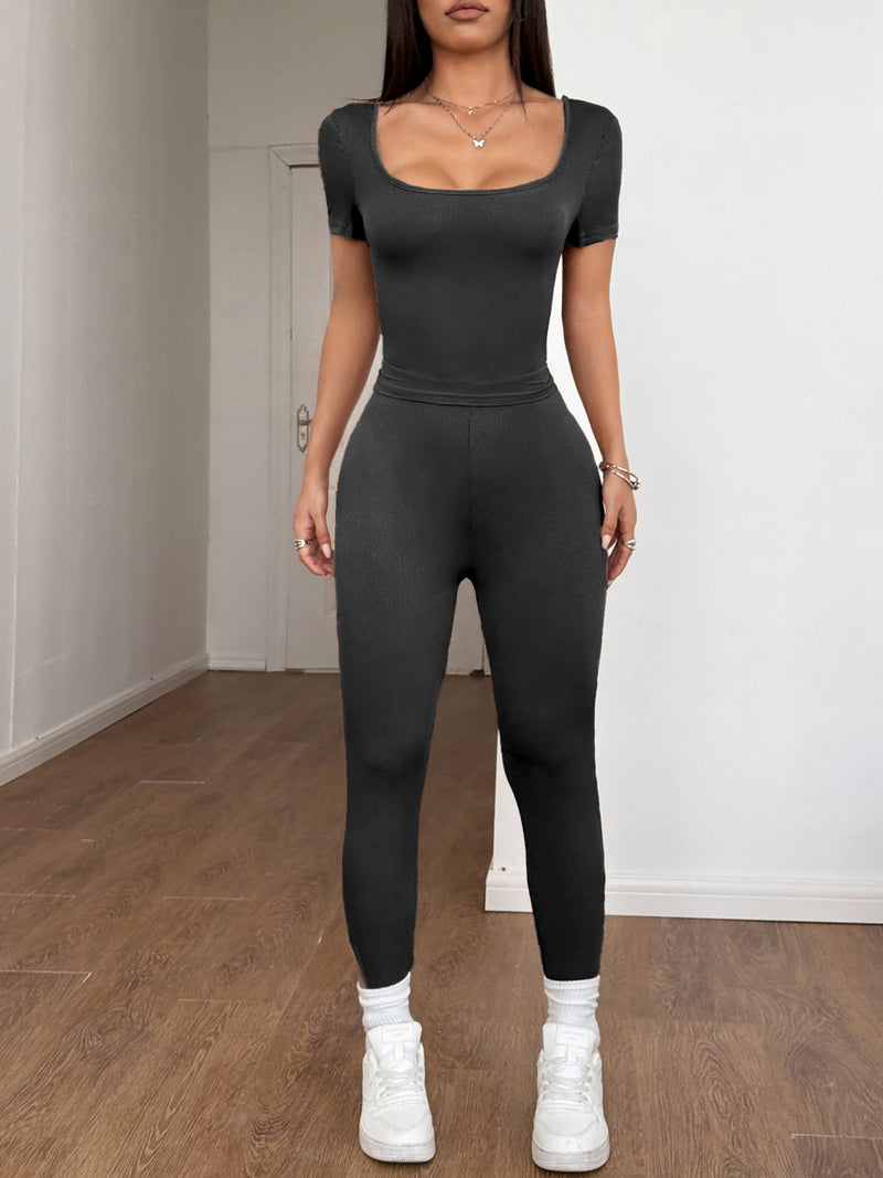 Short Sleeve Top And Leggings Set Black