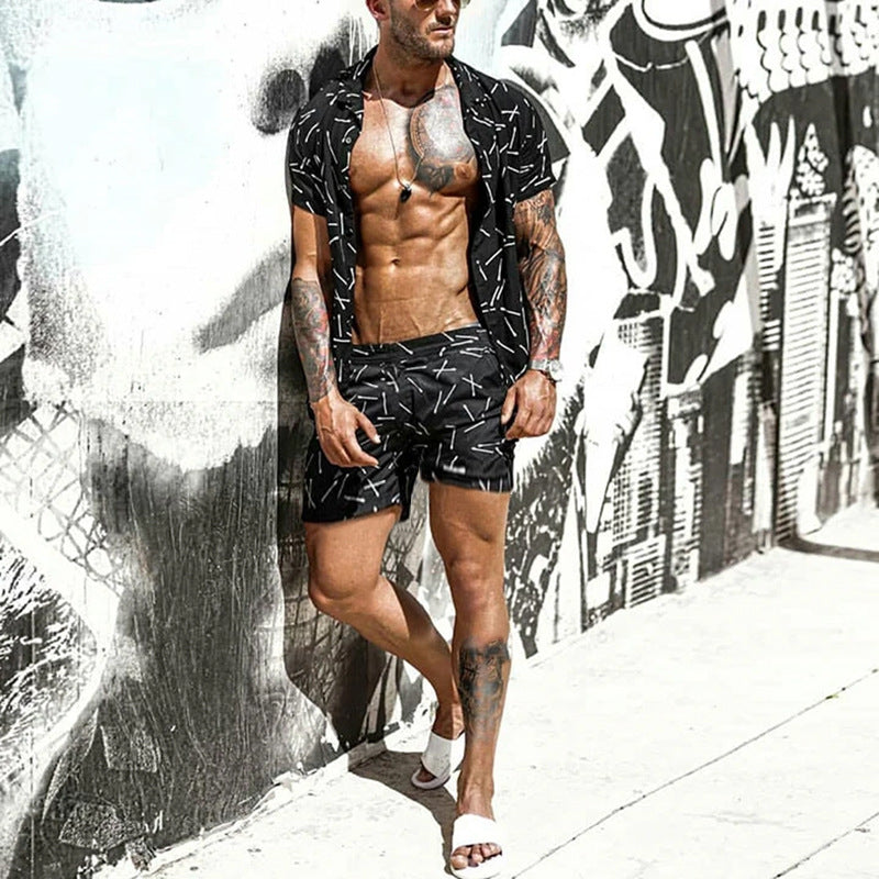 Men's Full Size Button Up Shirt And Shorts Set Plus Size 3
