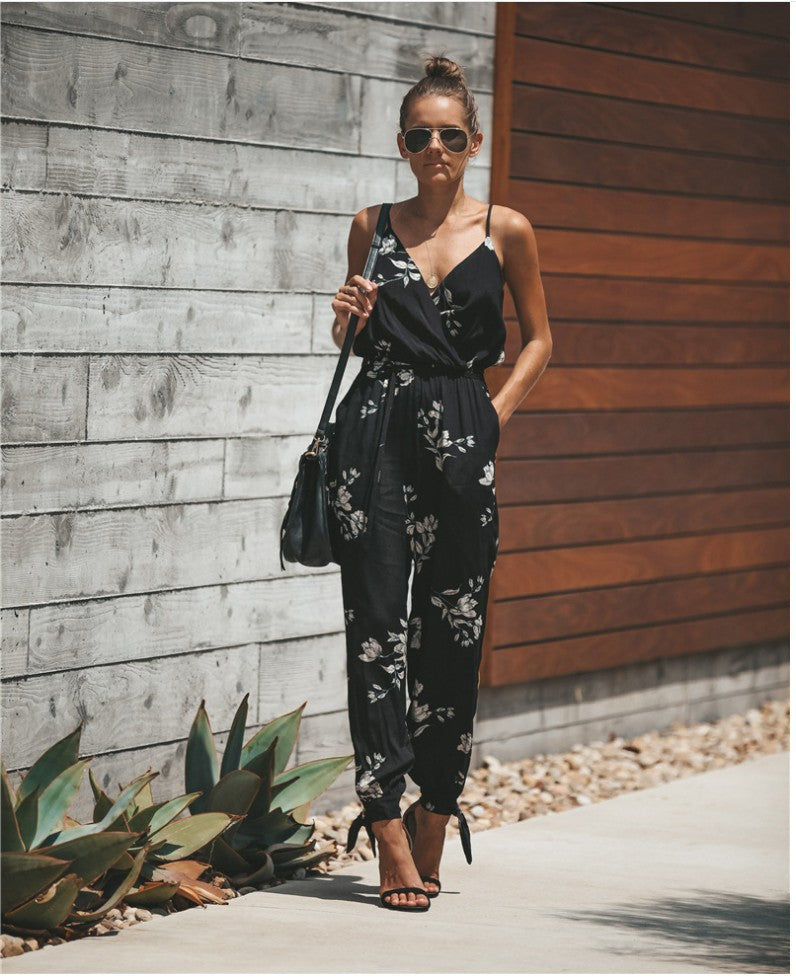 Lila Floral Strap Romper — Black printing