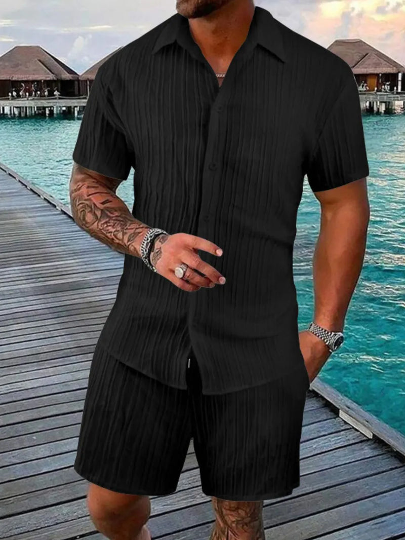 Men's Full Size Button Down Short Sleeve Shirt and Shorts Set Plus Size 2