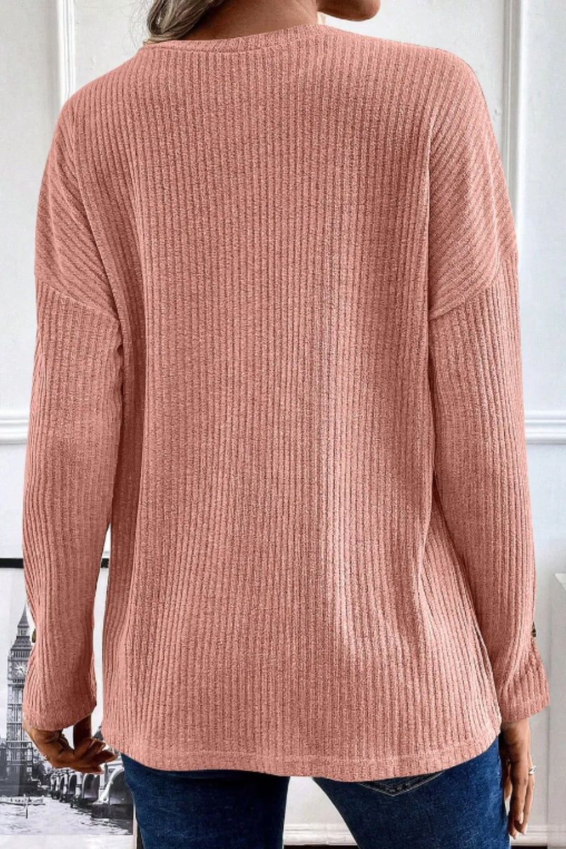 Quarter Button Round Neck Dropped Shoulder Knit Top 3