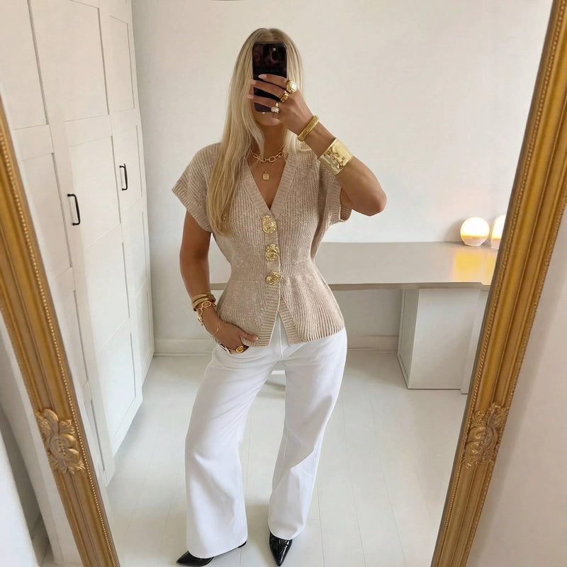 Beige Gold-Button Knit Vest 1