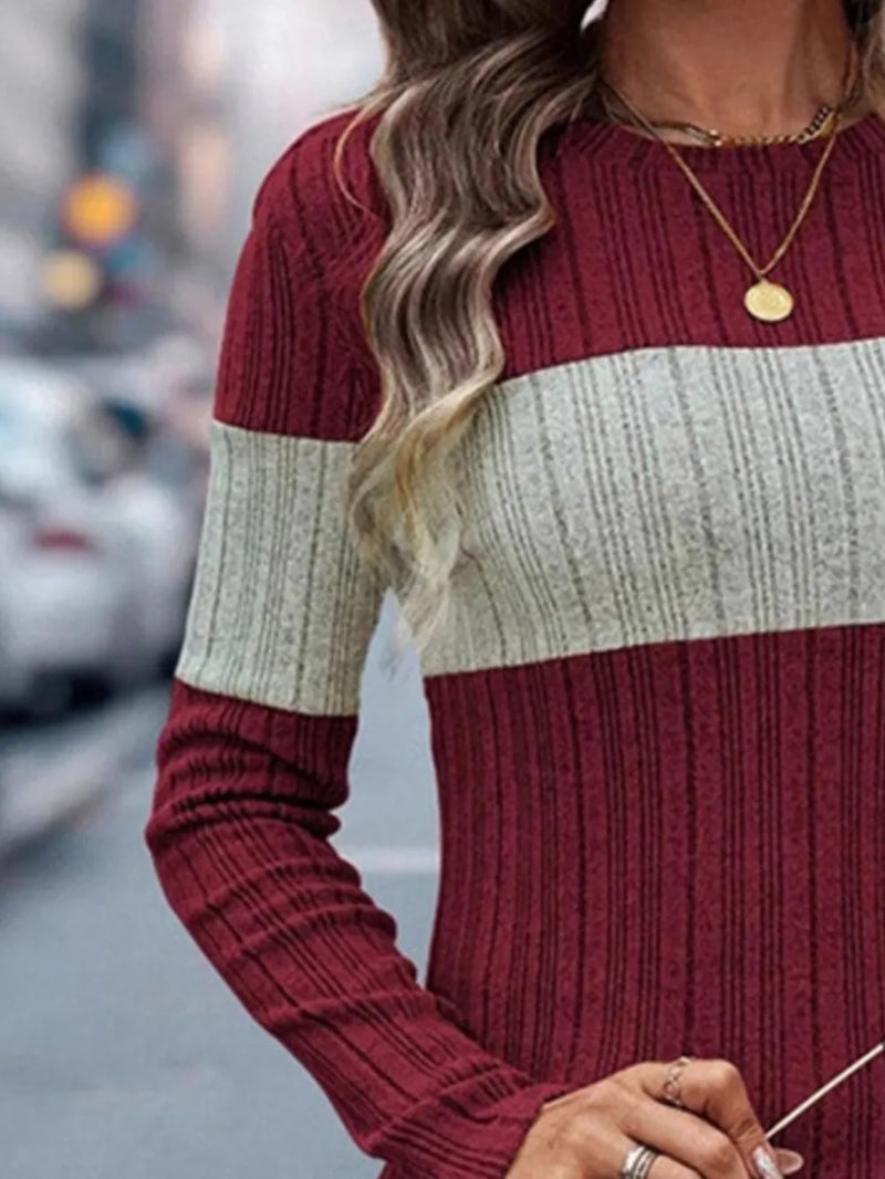 Color Block Round Neck Long Sleeve Sweater 8