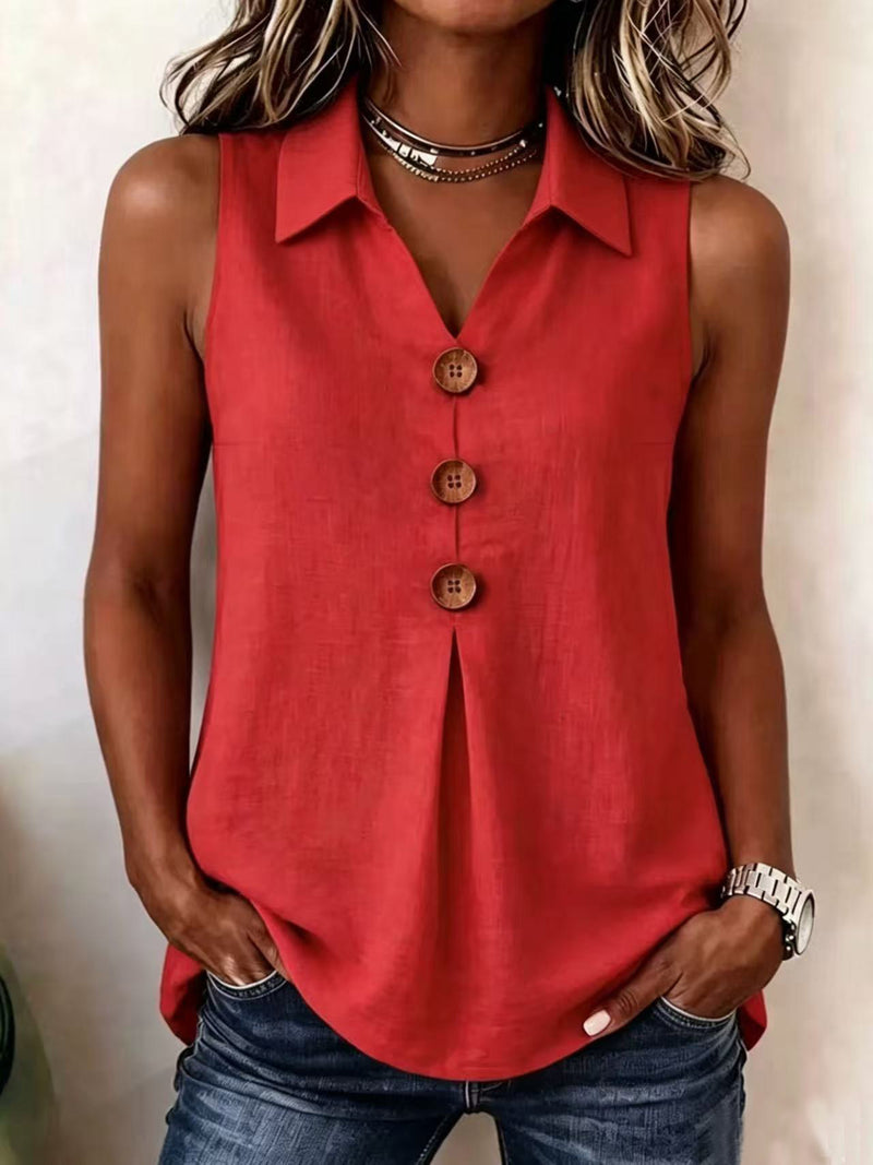 Cotton-Linen Notch-Neck Vest — Red