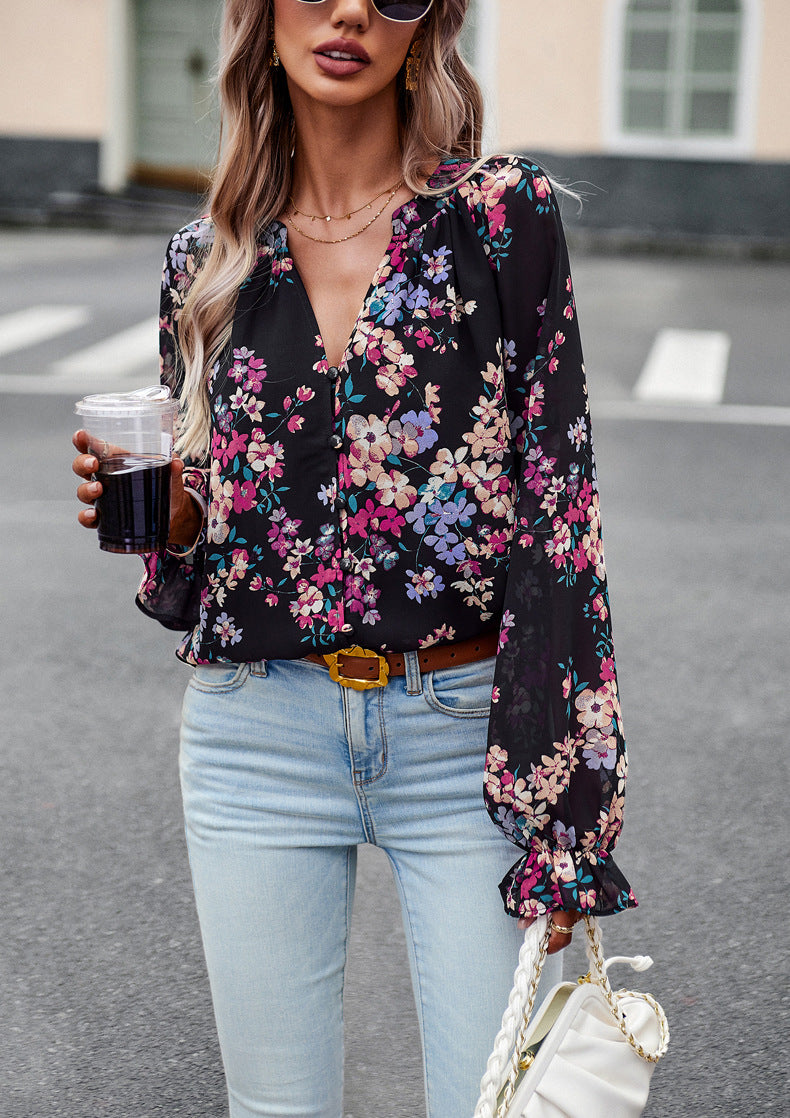 Elara Floral Chiffon Blouse in Black