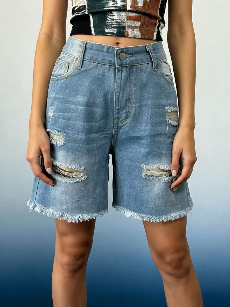 Full Size Ripped Frayed Hem Denim Shorts Plus Size | Hazel & June Light Blue