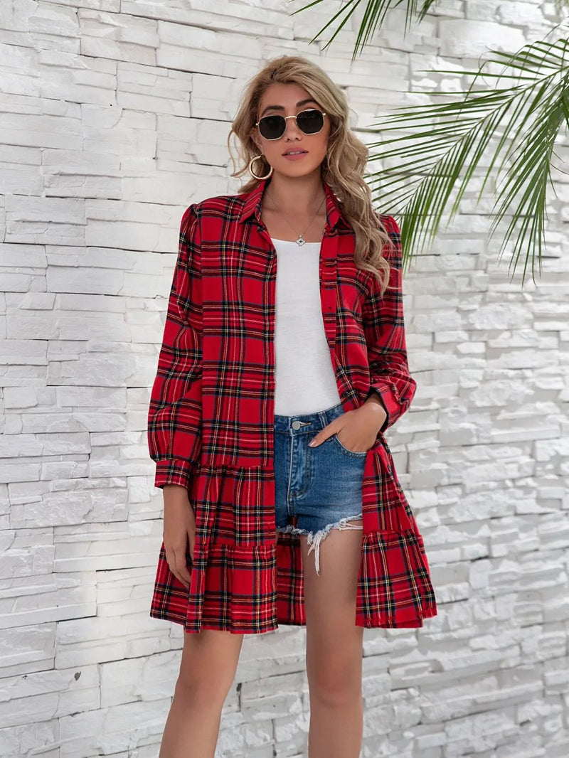 Ruffle Hem Plaid Button Down Long Sleeve Dress 1