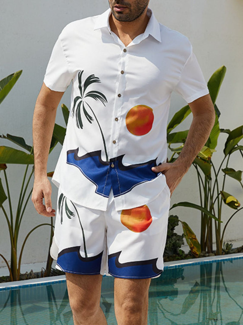 Men's Full Size Button Up Shirt And Shorts Set Plus Size 1