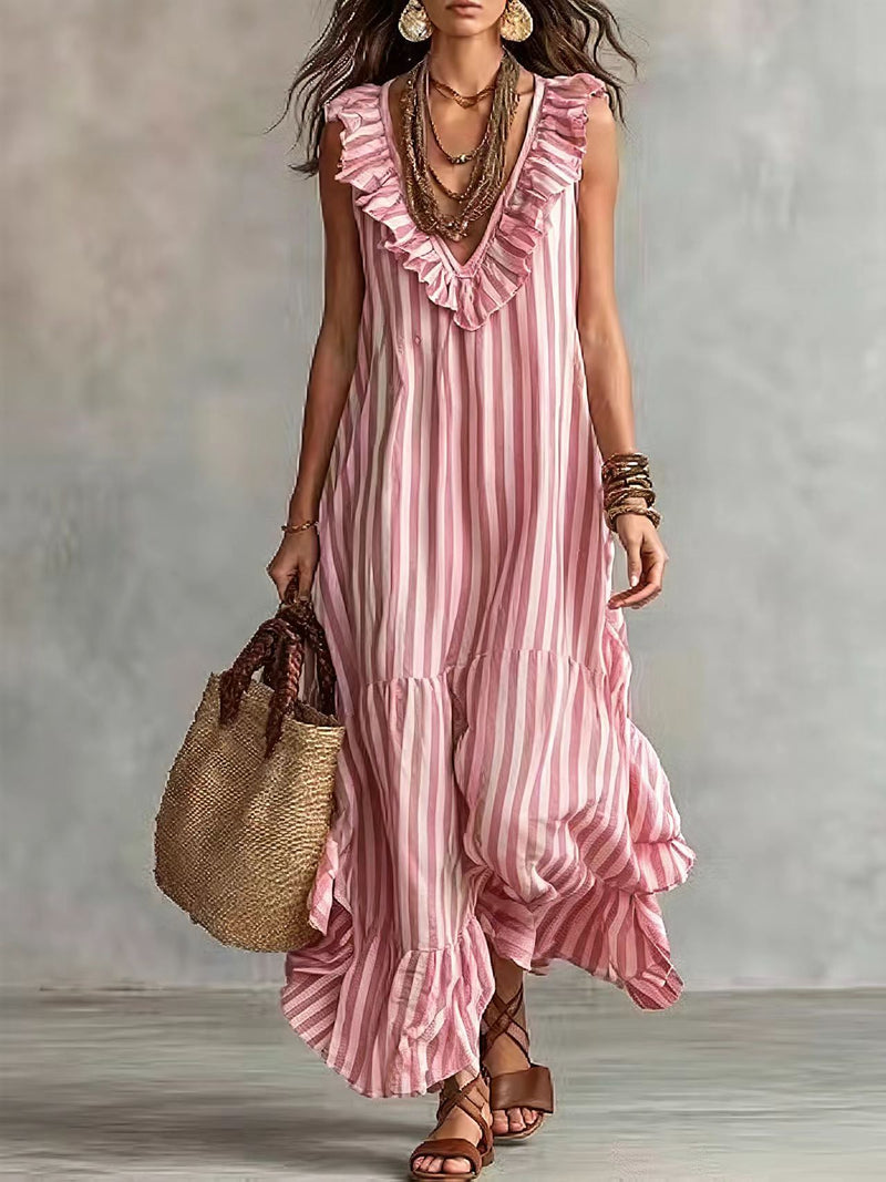 Striped Ruffle V-Neck Maxi 4