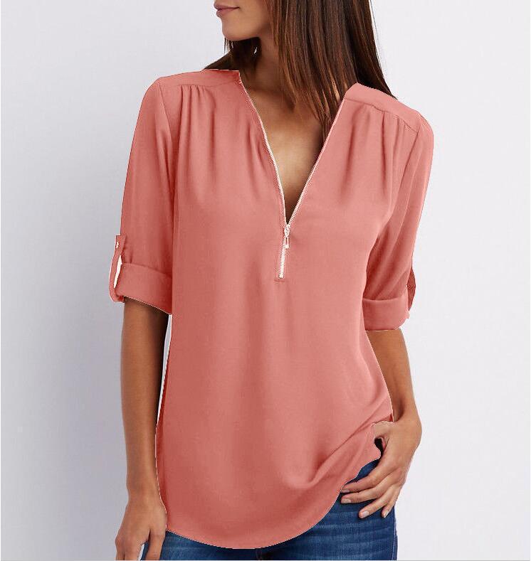 Harlow Zip V-Neck Top — Brick red