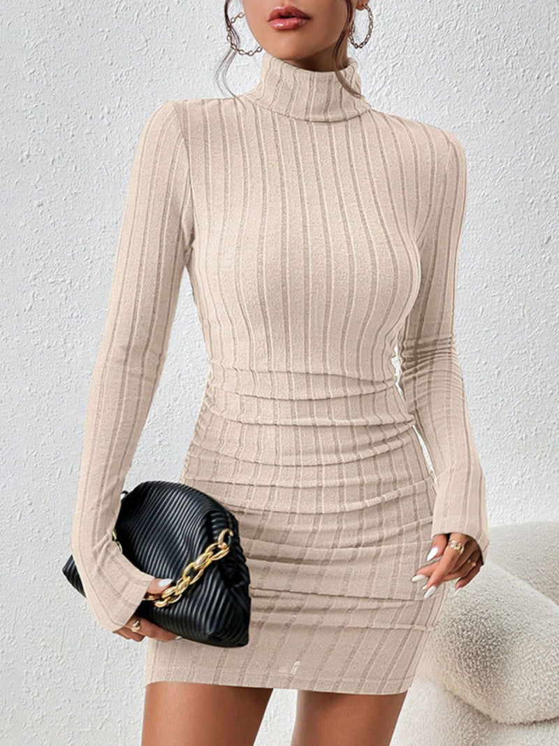 Turtleneck Ribbed Bodycon Mini Dress | Hazel & June Apricot