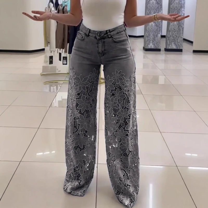 Elara Lace Flower Wide Leg Jeans — Gray
