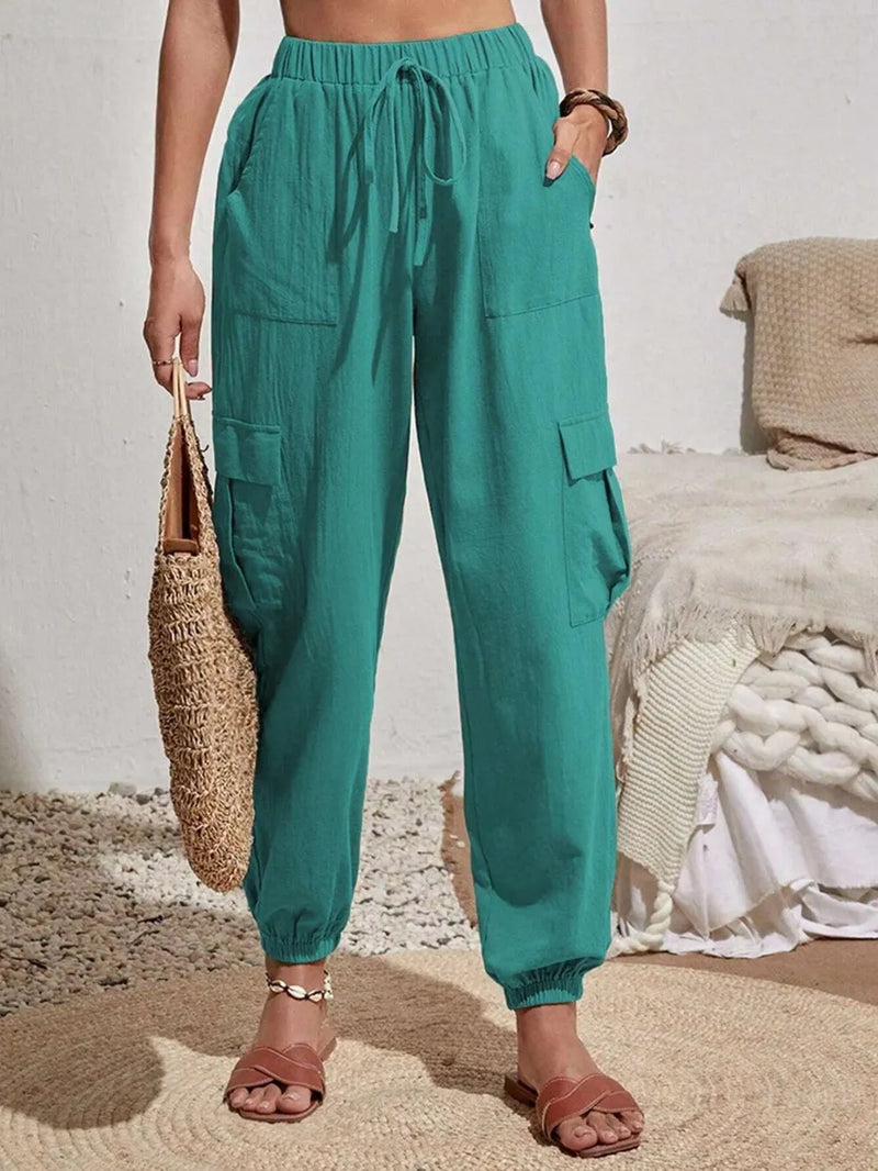 Drawstring Joggers with Cargo Pockets | Hazel & June Turquoise