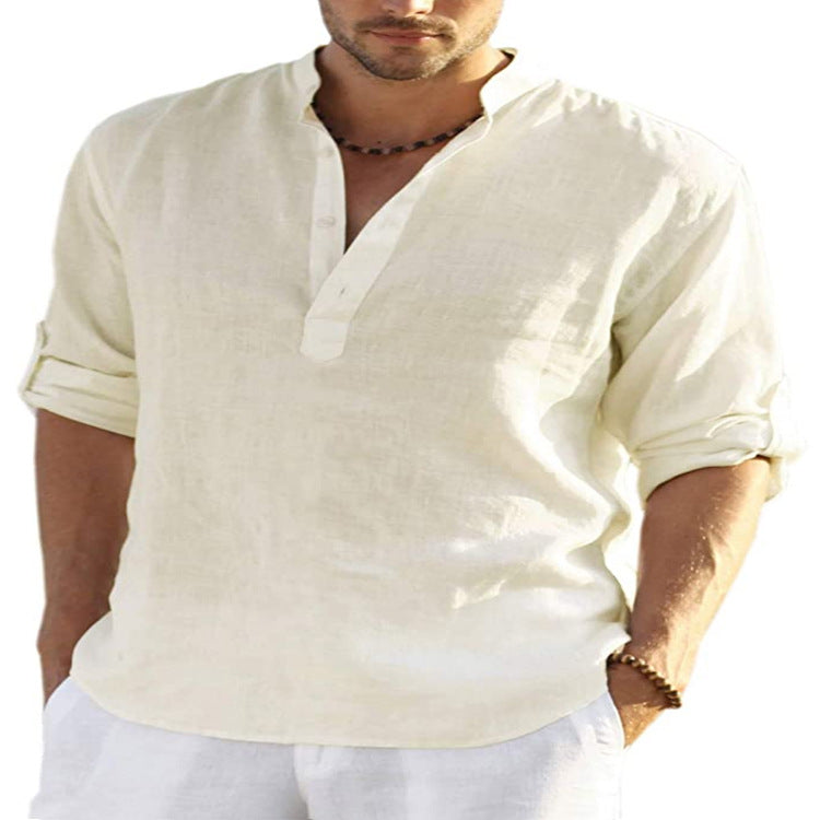 Grove Cotton Linen Stand Collar Shirt — Beige