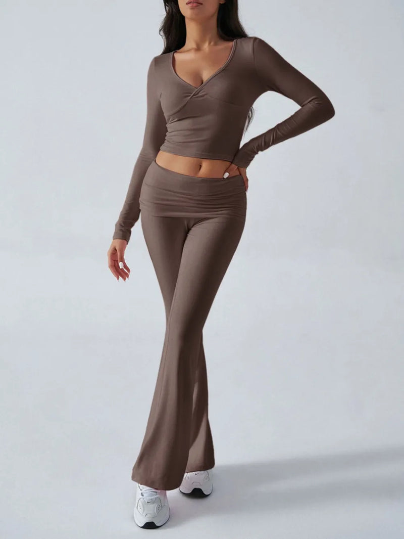 Devine Ruched Long Sleeve Top And Pants Set Coffee Brown