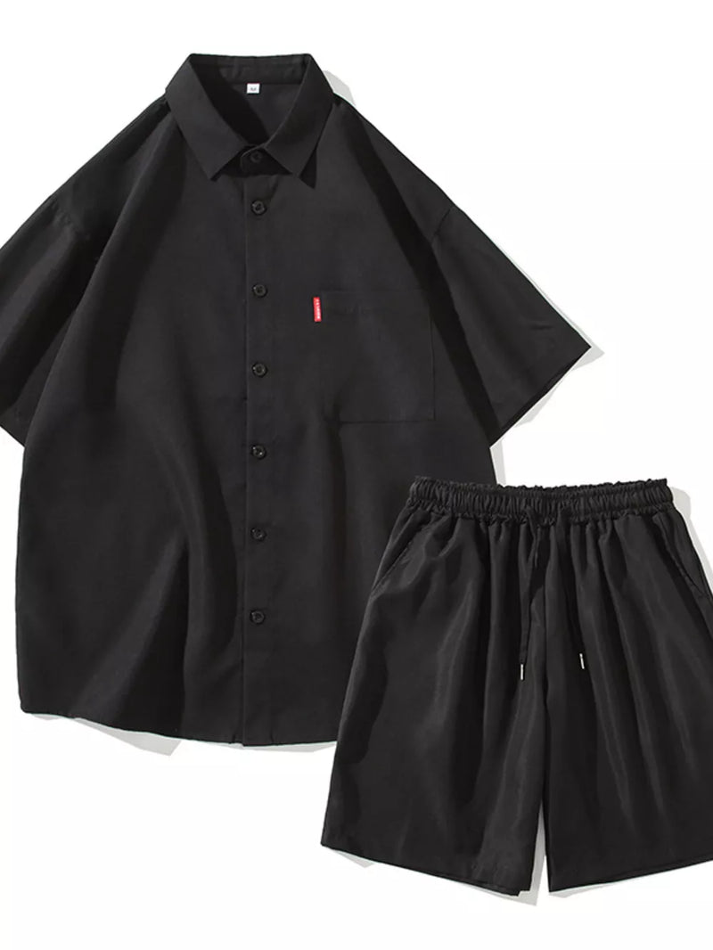 Men's Plus Size Casual Solid Color Shirt & Shorts Set 3